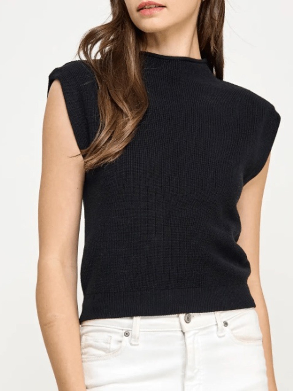 Ellison Mock Neck Power Shoulder Ribbed Knit Sleeveless Boxy Top